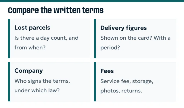 Checklist of four written terms to compare between shopping agents