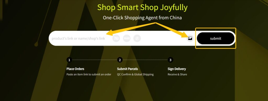 Official JoyaGoo search example with arrows to the link field, image search and submit button