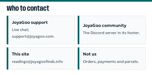 Two columns of contact cards: JoyaGoo channels and this site's correction address