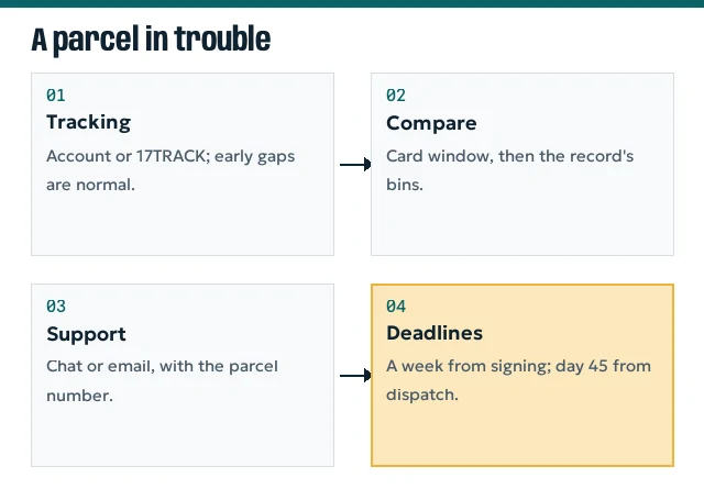 Four-step flow: check tracking, compare with window and bins, contact support, claim within deadlines