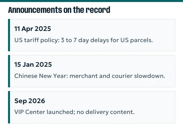 Three dated announcement cards: US tariff notice, Chinese New Year notice, VIP Center