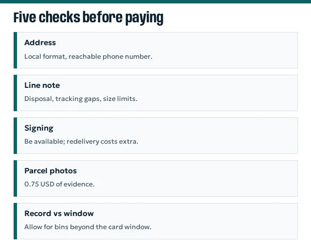 Five cards for address, line note, signing, parcel photos and the record against the window