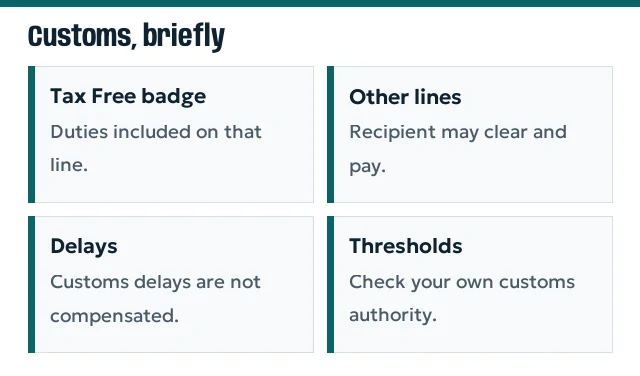 Cards: Tax Free lines include duties, other lines may require the recipient to pay, customs delays not compensated, check your own customs authority