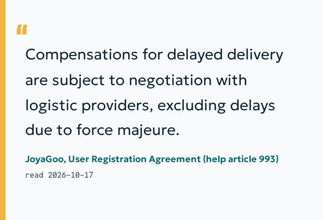 Quote card from JoyaGoo's registration agreement on compensation for delayed delivery
