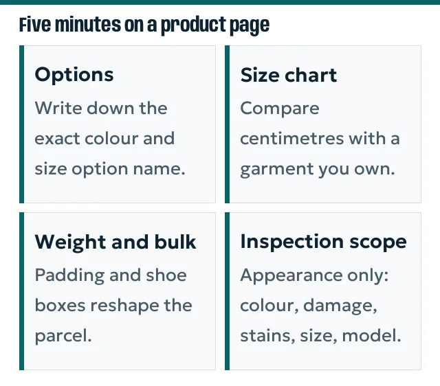 Four cards: options, size chart, weight and bulk, what inspection covers