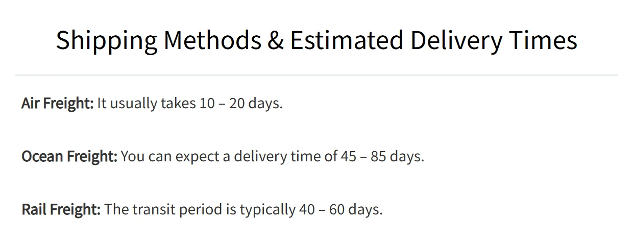 Screenshot of JoyaGoo's help article on shipping methods showing air, ocean and rail delivery ranges