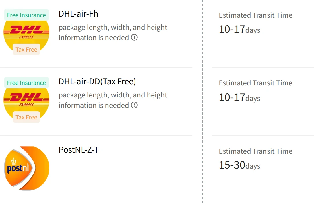 Screenshot of JoyaGoo's German result list showing three line names and their Estimated Transit Time, prices removed