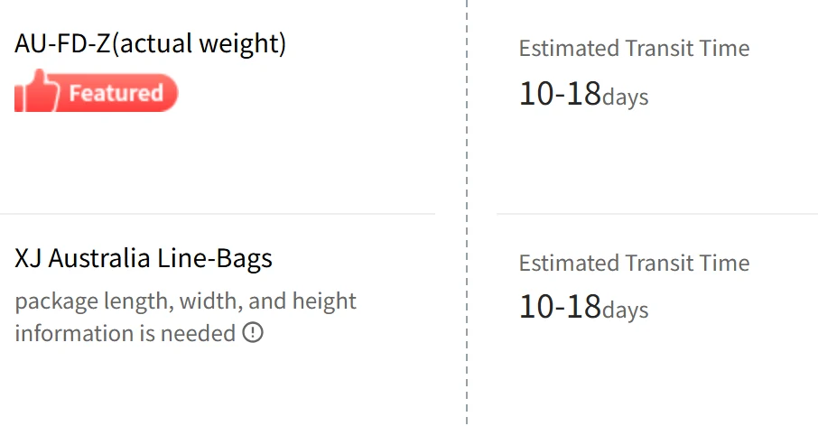 Screenshot of JoyaGoo's Australian result list: AU-FD-Z(actual weight) with a red Featured badge above XJ Australia Line-Bags without one, both showing 10-18 days, prices removed
